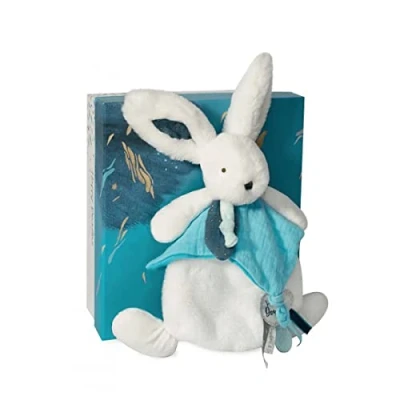 Afbeelding van Doudou et Compagnie Konijn 25 cm Wit / Pauw Blauw Pompon Cadeau Idee Happy Pop To You