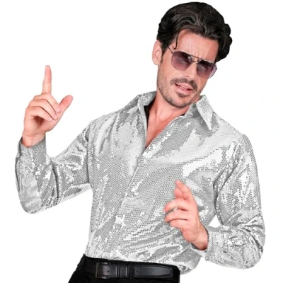 Afbeelding van Widmann Jaren 80 &amp; 90 Kostuum Love To Shine Pailletten Overhemd Zilver Man Small / Medium Carnavalskleding Verkleedkleding