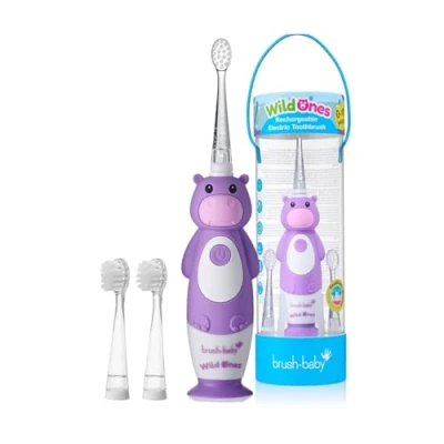 Afbeelding van Brush Baby Electrische Oplaadbare Kindertandenborstel WildOnes Holly het Nijlpaard 0 10 jaar 3 opzetborstels 2 poetsstanden Timer &amp; Pulse Disco licht Zuignapvoet