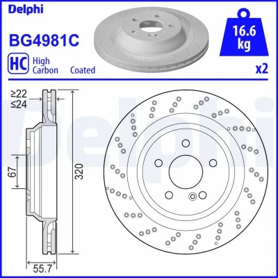 Afbeelding van DELPHI BG4981C Remschijf 320 24 5 Geventileerd, Geperforeerd Gecoat High carbon Zonder wiellager, ABS sensorring MERCEDES BENZ: SL Convertible