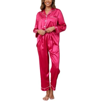 Afbeelding van Reliwel Tweedelige zomerpyjama voor dames, lange mouwen, satijnen broek, zeer zacht, V hals, open voorkant met knopen en zijzakken, Framboos