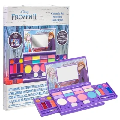 Afbeelding van Townley Girl Frozen 2 Cosmetic Compact set met Spiegel 22 lipglosses, 4 Body Shines, 6 kleurrijke borstels draagbare opvouwbare make up beautybox voor meisjes kinderen peuters