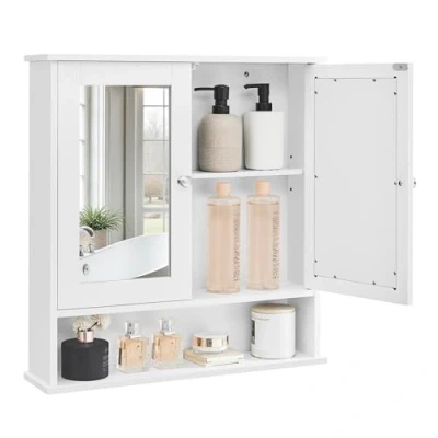 Afbeelding van VASAGLE Wandkast voor badkamer, opbergkast toilet, met 2 deuren en spiegels, 3 niveaus, in hoogte verstelbare planken, 56 x 13 58 cm, wit LHC002