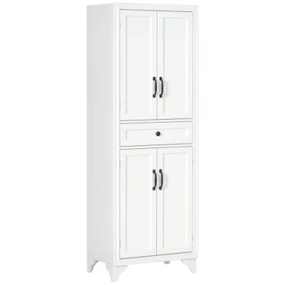 Afbeelding van HOMCOM Hoge dressoir, keukenkast, 4 deuren, 2 kasten en 1 lade, centraal, hoogte 170 cm, met verstelbare plank, wit
