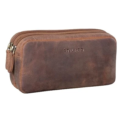 Afbeelding van STILORD &#039;Eddie&#039; Lederen Pennenetui School of Kantoor Make up Tas Grote Vintage Pennenzak, Medium bruin, Modern