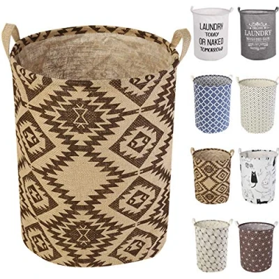 Afbeelding van LessMo 19,7 &quot;Wasmandje, Opvouwbare Opbergmand met Gemakkelijk Draaggreep, Waterdicht Rond Katoenen Linnen, voor Baby Producten, Speelgoed, Slaapkamer Hamper