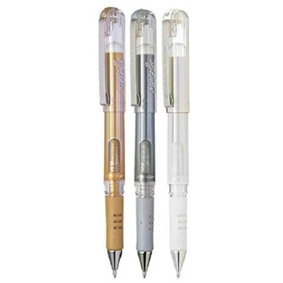 Afbeelding van Pentel Set van 3 hybride gelpennen met brede punt, lijnbreedte 0,5 mm, K230 WO gelinkt (1 elke kleur pennen wit, metallic goud, zilver)