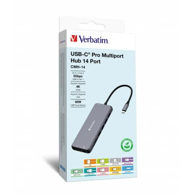 Afbeelding van Verbatim CMH 14 USB C® (USB 3.2 Gen 2) multiport hub poorten Met ingebouwde netwerkaansluiting, SD ka
