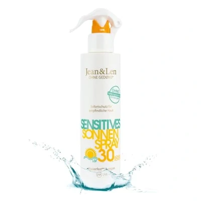 Afbeelding van Jean&amp;Len Zonnebrandspray met Spf 30 voor de gevoelige huid, waterdichte veganistische zonnecrème spray zonder siliconen, nanodeeltjes, octocryleen, microplastic, minerale olie, parfum en kleurstof