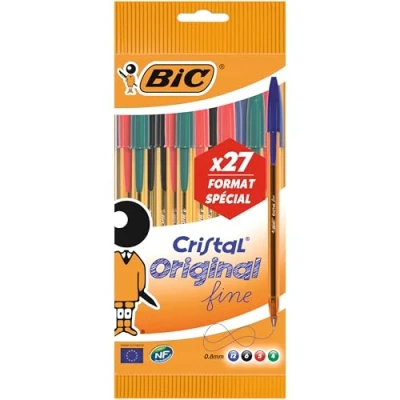 Afbeelding van BIC Cristal Original Balpen, fijne punt (0,8 mm), verschillende kleuren, oranje behuizing, 27 stuks