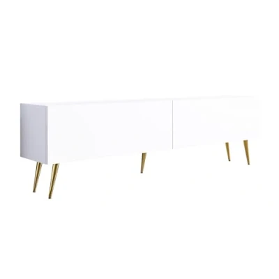 Afbeelding van TV kast: twee deuren, planken, kleur: mat wit, gouden poten D: L: 170 cm, H: 52 32 cm