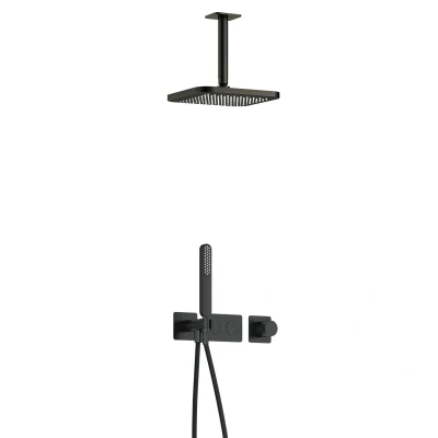 Afbeelding van Hotbath Gal Regendoucheset IBS41 Geborsteld Gunmetal PVD Staaf Handdouche 22cm Hoofddouche 15cm Plafondbuis