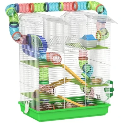 Afbeelding van PawHut Kooi voor hamster, muis, kleine dieren, knaagdieren, met tunnel, voederwiel, speelgoed, 47 x 30 59 cm, groen