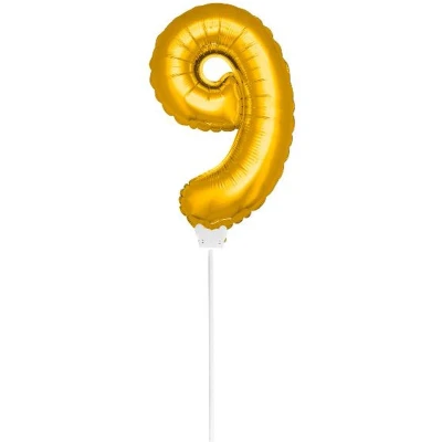 Afbeelding van Ballon folie 9 goud met stokje 40cm