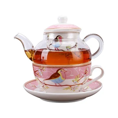 Afbeelding van fanquare Robin Vogels en Bloemen Porselein Theepot Set, Keramische Theekop Schotel Set met Glazen Theepot, Roze