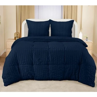 Afbeelding van Utopia Bedding Seersucker dekbedovertrekset microvezel polyester dekbedovertrek 200 x cm + 2 kussenslopen 80 marineblauw
