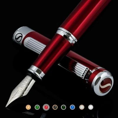 Afbeelding van Scriveiner Vulpen Deep Crimson Red leuke pen met chromen afwerking, Schmidt veer (fijn), geschenkdoos voor dames en heren, professioneel, manager, kantoor, mooie