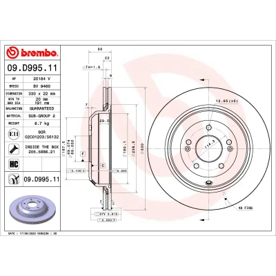 Afbeelding van BREMBO 09.D995.11 Remschijf 330 22 5 interne ventilatie Gecoat High carbon Met schroeven KIA: Stinger Box Body / Hatchback