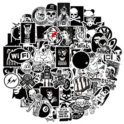 Afbeelding van MARSFORCE 100 x vinyl stickers met skateboard motief, waterdicht, zwart en wit