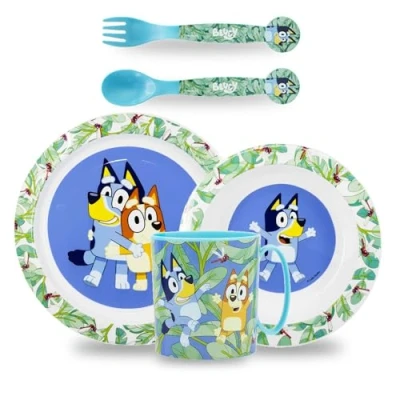 Afbeelding van Sorrisini Kinderserviesset, herbruikbaar servies voor kinderen, diensten kinderen en magnetronbestendig, kindertafelset, bord kom, bestek, beker, bluey
