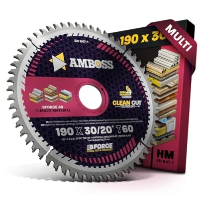 Afbeelding van AMBOSS WERKZEUGE® Cirkelzaagblad van hardmetaal 190 x 30 mm, 20 Z60 platte tanden met wisselafschuining voor fijne snede Multi zaagblad mm + verloopring