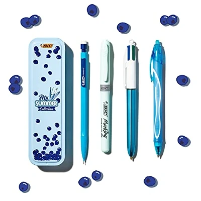 Image de BIC Summer Blue Box : Stylo gel (0,7 mm), Porte mines, bille 4 couleurs (1,00 Surligneur Bleu, Lot de