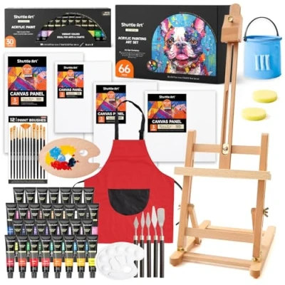 Afbeelding van Shuttle Art 66 stuks acrylverf met 30 kleuren acrylverf, houten ezel, blanco canvas, penselen, palet, kunstschilderset voor kinderen, volwassenen, kunstenaars