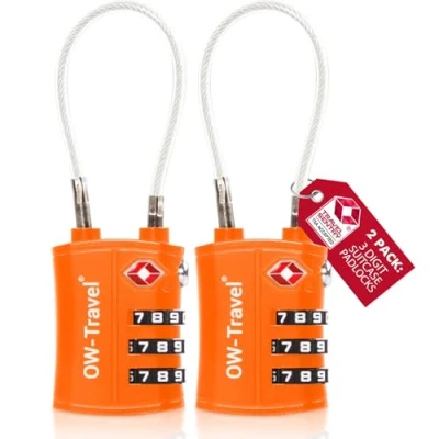 Afbeelding van OW Travel TSA kabelslot voor koffer. Hangslot 3 cijferige code diefstalbeveiliging bagage kluisje opslag tent camping combinatie USA. Accessoires reizen vliegtuig: kofferslot