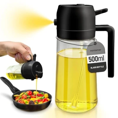 Afbeelding van PORTENTUM pulvérisateur d&#039;huile pour friteuse à air 500 ml 2 en 1, distributeur bouteille et huile d&#039;huile, accessoires nébuliseur aliments (Noir)