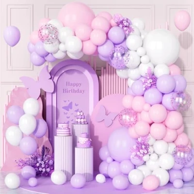 Afbeelding van Teselife 106 stuks roze paarse ballonnen met latex confetti voor meisjes, vrouwen, verjaardag, babyshower, bruiloft, afstudeerfeest, prinsessenfeestdecoratie