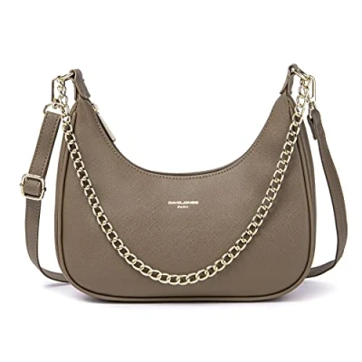 Afbeelding van David Jones Handtas met schouderriem, heuptas, dames, tas kettingen, kunstleer, stijf, onder de schouder, arm, tas, stadstas, modieus, elegant, Taupe, Elegant