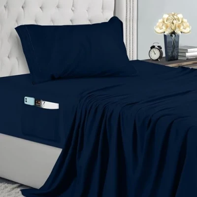 Afbeelding van Utopia Bedding 4 delige geborduurde beddengoedset 90 x 190 microvezel polyester hoeslaken met opbergzakken, laken en 1 kussensloop (enkel, marineblauw)