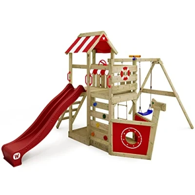 Afbeelding van WICKEY speeltoestel klimtoestel SeaFlyer met schommel &amp; rode glijbaan, outdoor klimtoren voor kinderen zandbak, ladder speelaccessoires de tuin