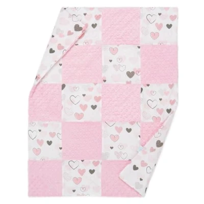 Afbeelding van ELIMELI Minky Babydeken, kruipdeken, superzacht Dots fleece en katoen met vulling, hoogwaardige babydeken 74 x 92 cm (roze parchwork harten)