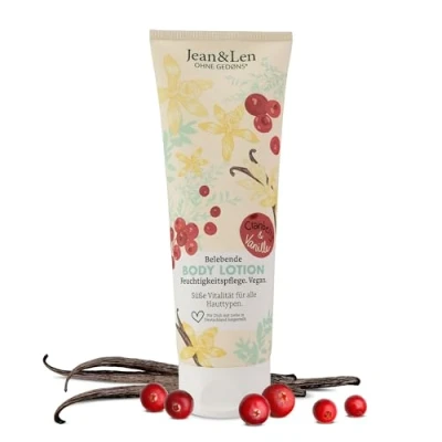 Afbeelding van Jean &amp; Len Body Lotion cranberry vanille lichte textuur, absorbeert snel, geschikt voor alle huidtypes, ideale pH formule, vrij van parabenen en siliconen, veganistisch, 250 ml