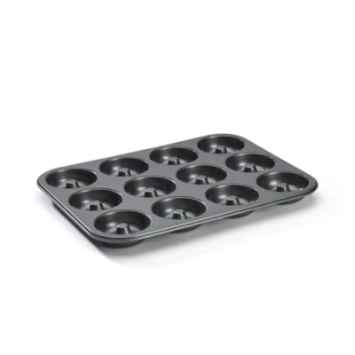 Afbeelding van De Buyer Plaat van 12 mini Savarins in staal met antiaanbaklaag Diameter 7 cm 34,3 x 26,2 2,2