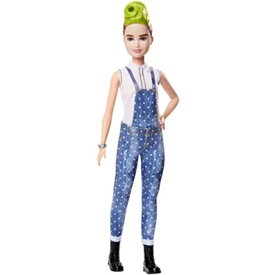 Afbeelding van Barbie Fashionistas #124 pop met bruin en groen haar denim tuinbroek stippen zwarte laarzen, kinderspeelgoed, FXL57