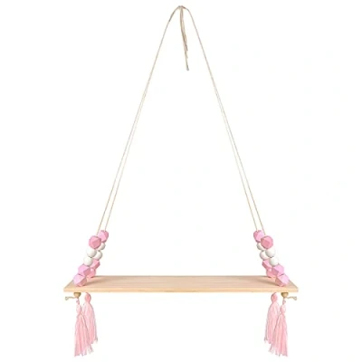 Afbeelding van zwevende plank, hangend houten rek, boho schommel, touw, planken met haken, voor woonkamer, slaapkamer, wanddecoratie, roze