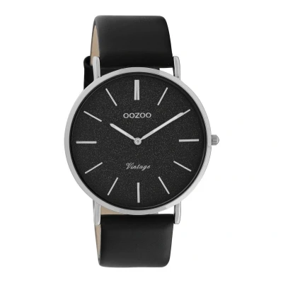 Afbeelding van OOZOO Vintage series zilverkleurige horloge met zwarte leren band C20168 Ø40