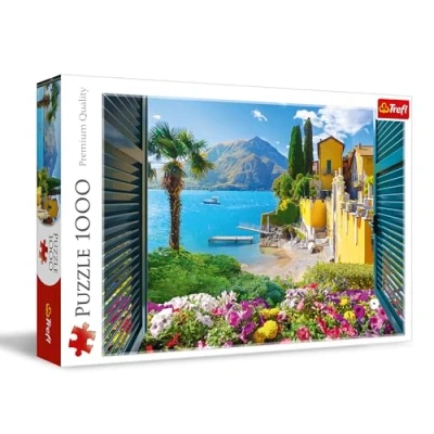 Afbeelding van Trefl uitzicht op het Comomeer Puzzel 1000 stukjes met een prachtig vanuit raam Italiaanse landschap, voor volwassenen en kinderen vanaf 14 jaar