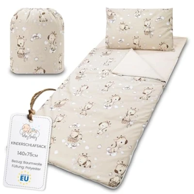 Afbeelding van Kinderslaapzak met kussen en ritssluiting voor baby&#039;s van 3 tot 7 jaar, 140 x 75 cm, binnenslaapzak kleuterschool, Giraffe