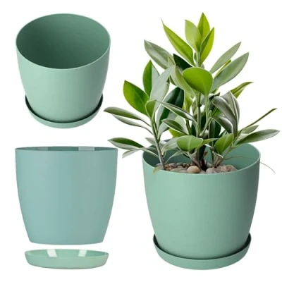 Afbeelding van KADAX bloempot met onderzetter, ronde kunststof pot, matte voor cactussen, varens, glanzende pot balkon, appartement en terras (18 cm, mint)