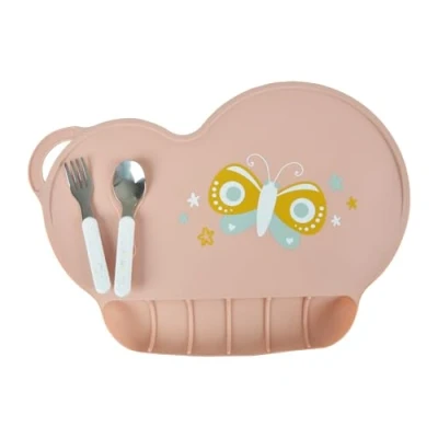 Afbeelding van BEBE DOUCEUR, Placemat vlinder Fantasy Garden met siliconen opvangbak, 40 x 28 cm, poederroze