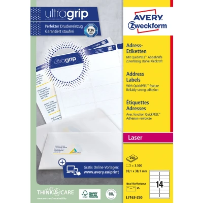 Afbeelding van Avery L7163, Adresetiketten, Laser, Ultragrip, wit, 250 vellen, 14 per vel, 99,1 x 38,1 mm etiket