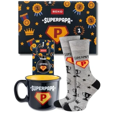 Afbeelding van soxo Super Papa herensokken fantasie cadeau grappige Sokken geschenken mannen sets 40 45, + glas sleutelhanger