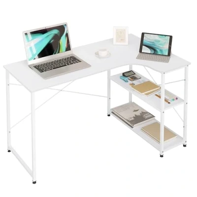 Afbeelding van WOLTU L vormig hoekbureau met 2 planken, computerbureau, grote hoektafel voor kantoor, thuiskantoor en games, industrieel design, 120 x 71,5 74 cm, wit