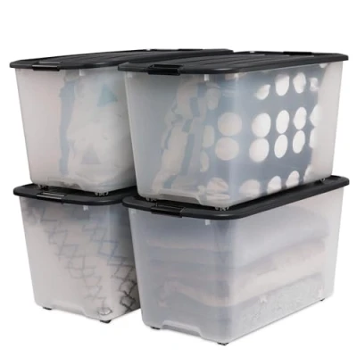 Afbeelding van Iris Ohyama, Opbergdozen van kunststof, 70 l, 4 stuks, BPA vrij, TBR 70, zwart, sluitclips, 68 x 39 38 cm (l d h)