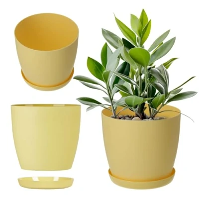 Afbeelding van KADAX Bloempot met onderkant, ronde kunststof plantenbak, diameter 18 cm, mat glanzend, voor cactussen en varens, geschikt balkon, appartement terras, citroen