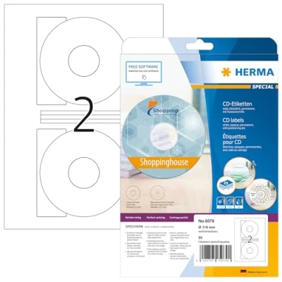 Afbeelding van HERMA 5079 CD etiketten, zelfklevend, wit, 2 etiketten per A4 vel, 50 printeretiketten met positioneringshulp, Ø 116 mm, stuks