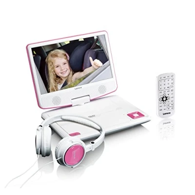 Afbeelding van Lenco DVP 910PK Portable 9&quot; DVD speler met USB hoofdtelefoon ophangbeugel Roze/wit White Pink
